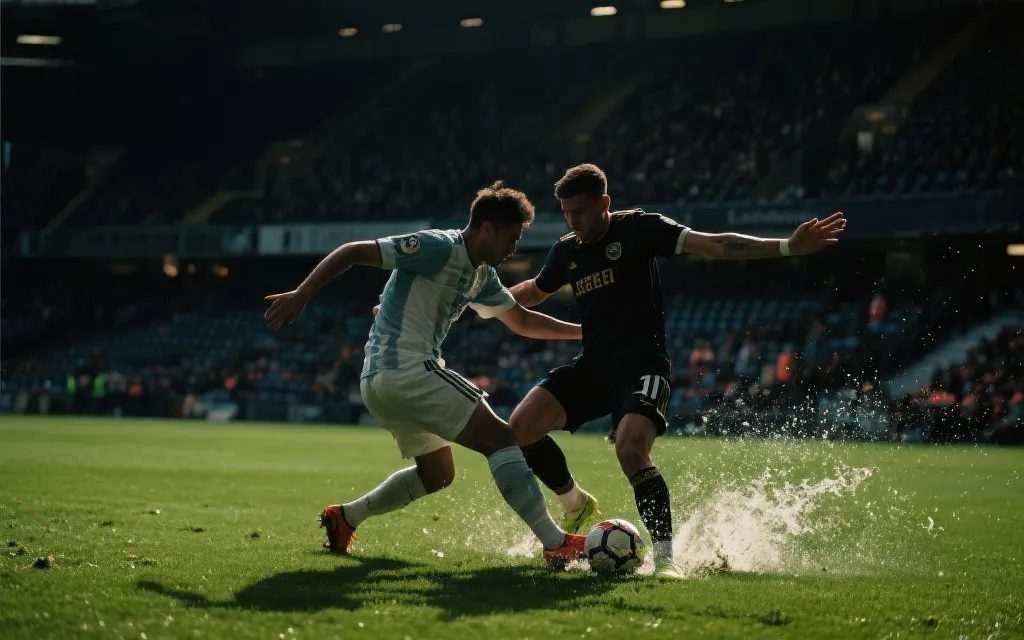 世界杯小组赛两队对抗的近景，草皮飞溅，充满张力