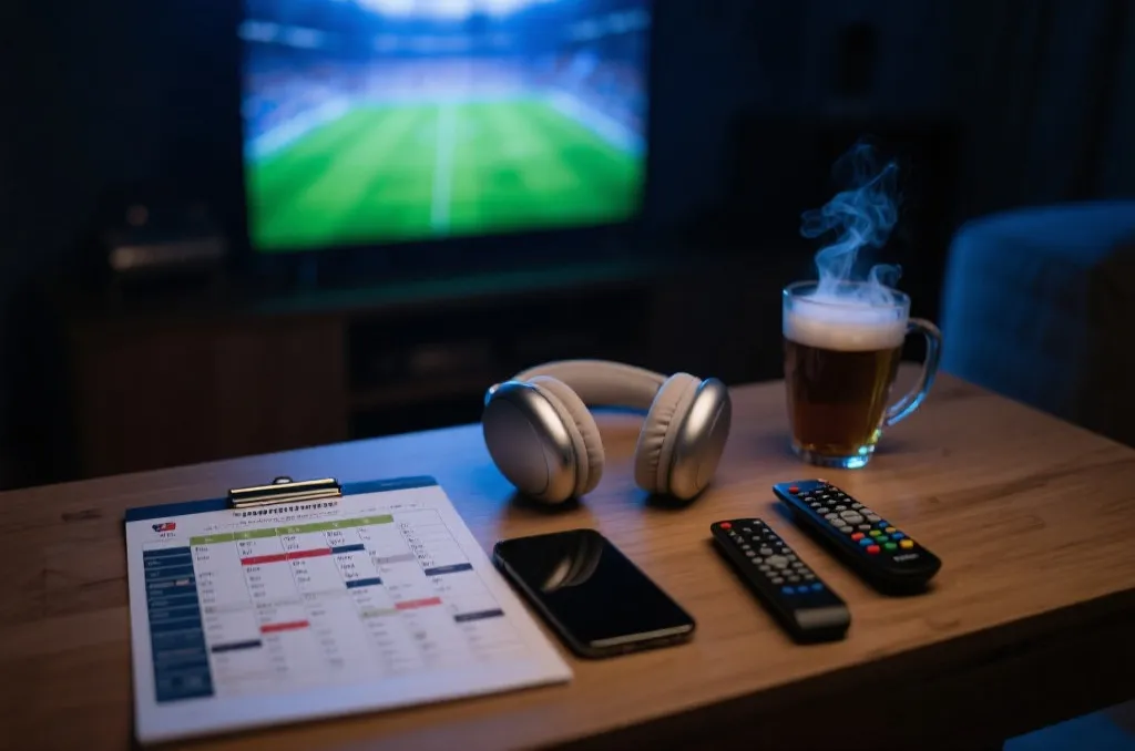 桌面上摆着赛程表、手机和遥控器，准备观看世界杯